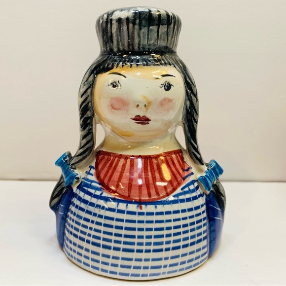 Vtg Italian Ceramic Candleholders Boy And Girl Hand Painted Braids Bows Cap EUC - Picture 6 of 9